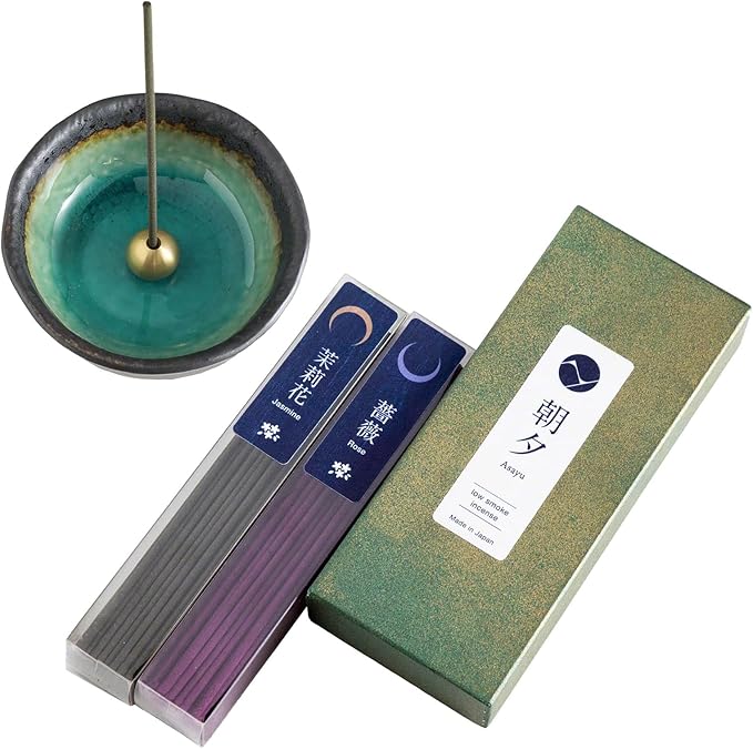 Asayu Japan Low Smoke Incense Gift Set with Incense Holder and Brass Stand, Floral Set (Jasmine & Rose) Incense Sticks with Mini Nature Aquamarine Incense Holder - Bloomnest