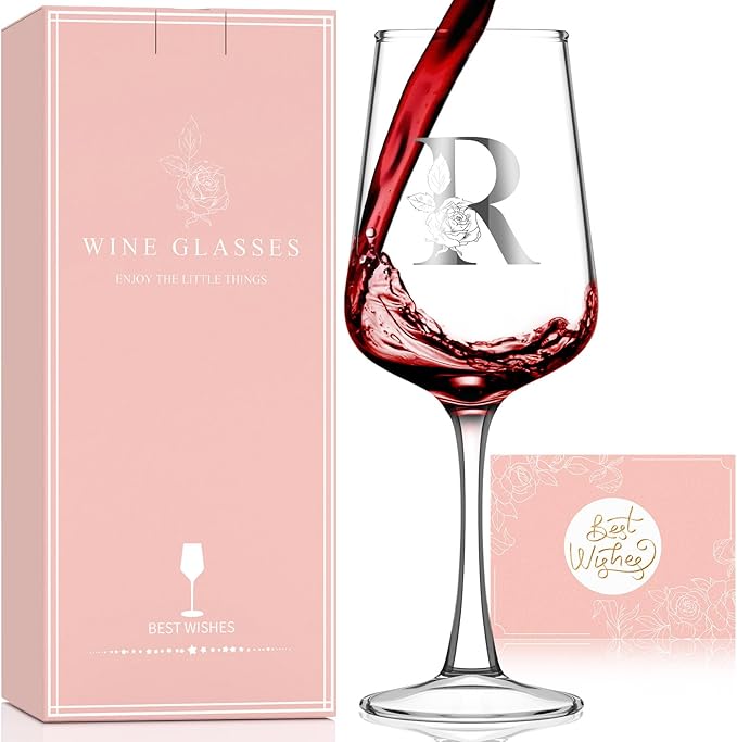 Valentines Day Gifts for Her Women - Personalized Initial Wine Glasses Custom Gift, Galentines Gift Christmas Mothers Day Birthday Gifts for Women Her Mom Wife Best Friend Sister (R) - Bloomnest