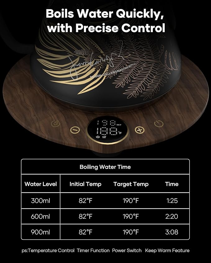 Cocinare FLOW B9 Gooseneck Electric Kettle, Precise Temperature Control for Pour-Over Coffee & Tea Brewing, Stainless Steel Interior, Rapid Heating for Boiling Water 0.9L (Rainforest) - Bloomnest