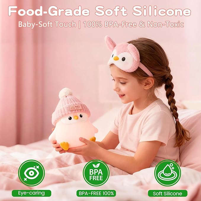 Penguin Silicone Night Light, Cute Pink Penguin Lamp with Knitted Hat, Soft Nursery Nightlight, USB Rechargeable/Dimmable,LED Squishy Novelty Animal Bedside Lamp,Funny Gifts for Kids/Girls - Bloomnest