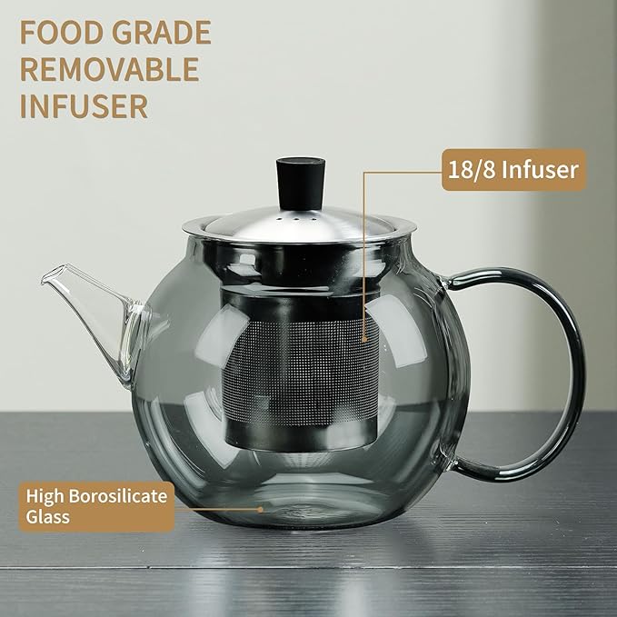 28OZ Glass Teapot with Infuser Stovetop Safe, 800ml Borosilicate Glass Kettle Tea Pot with Infusers tea infuser pot for loose leaf tea, tea Maker brewer, Dishwasher Safe, tetera para te(Dark Gery)