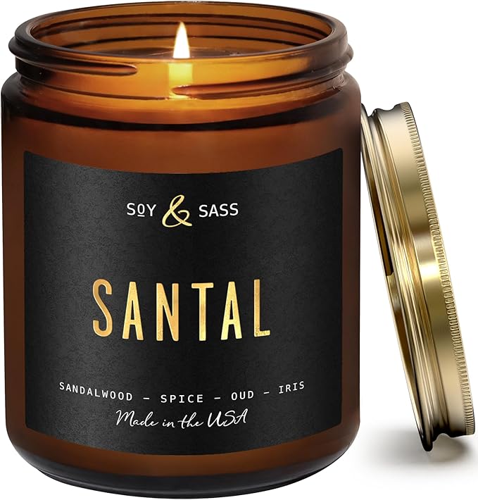 Santal Candle - Sandalwood Candles I Scented Black Candles for Men or Women - Sandalwood, Spices & Leather Soy Wax Mens Candle -Infused w/Essential Oils | Long 50Hr Burn, 9oz I Non Toxic I Made in USA - Bloomnest