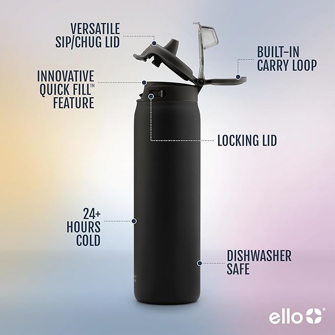 Ello Pop & Fill Insulated Stainless Steel Water Bottle with Quick Fill Lid, Leakproof Locking, Sip or Chug Spout, BPA-Free, Double Wall Vacuum Insulated for Sports, Travel & School- 22oz / 32oz / 40oz Ello