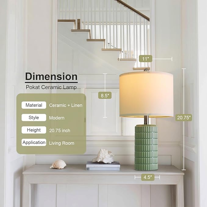 PoKat 20.75" Small Modern Ceramic Table Lamps Set of 2 for Bedroom, Green Bedside Lamps for Night Stands, Farmhouse House Decor Nightstand Table Lamps for Living Room End Table Green - Bloomnest