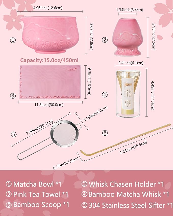 ZENS Pink Matcha Set, Matcha Whisk Set Includes 15oz Ceramic Bowl & (Chasen Holder), Bamboo Whisk & Scoop, Sifter and Pink Tea Towel, 6pcs Matcha Kit for Matcha Lovers - Bloomnest
