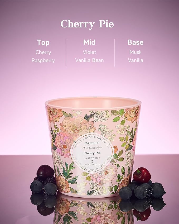 M&SENSE Cherry Pie Scented Candle, 28.2oz 3 Wick Natural Soy Wax Large Candles, Long Lasting Clean Slow Burning No Toxic Décor for Home Relaxation, Romantic Dates & Gift-Giving - Bloomnest