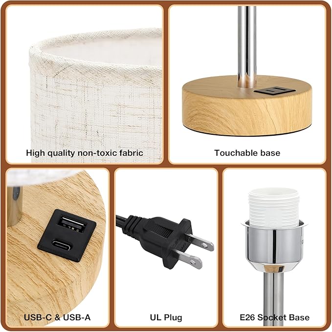 Touch Bedside Lamps Set of 2 - 3 Way Dimmable Table Lamps for Bedroom, Nightstand Lamp with Wooden Charging Station for Kids Room Dorm, Small Desk Lamp for Living Room, Office, Kids Room, Nursery - Bloomnest
