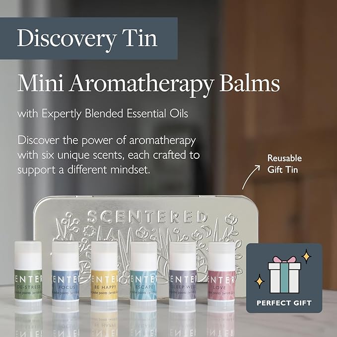 Scentered Aromatherapy Gift Set, Mini Roll On Essential Oil Balms for Sleep, Focus, Stress-Relief, Calm, Mood Boost - Set of 6 Premium Blends - Aromatherapy Gifts for Women