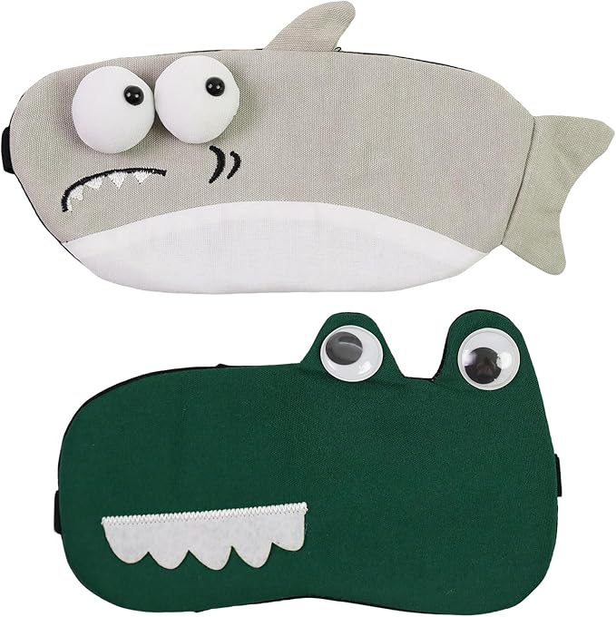 Cute Sleep Eye Masks for Kids, Kawaii Cartoon Kids Sleeping Mask for Women Boys Girls Teens, Soft Plush Adjustable Eyeshade Silk Travel Nap Eye Cover (Gray Shark+Green Crocodile) - Bloomnest