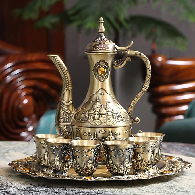 Vintage Turkish Coffee Pot Set for 6 Including Tray and Teapot,Metal Cups,Teapot and Cup Set for One,Tea Service Set for Home Tea Table Decor,Wedding Ornaments(Brass)