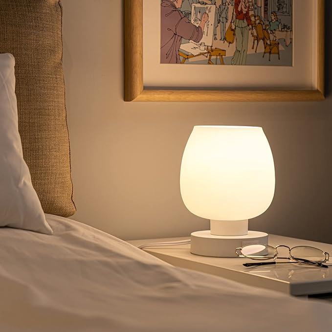 Touch Bedside Table Lamp - Small Lamp for Bedroom with USB C+A Charging Ports 3 Way Dimmable, Nightstand Desk lamp with White Opal Glass Lamp Shade Warm LED Bulb Included, Simple Design Gifts - Bloomnest
