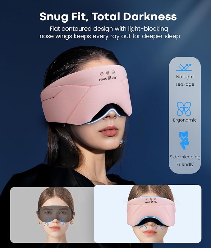MUSICOZY Bluetooth Sleep Headphones 5.4, Wireless Over-Ear Headphones with Built-in HD Stereo Speakers, Cooling Eye Mask Design, 14H Playtime, Washable, for Side Sleepers, Travel & Relaxation - Bloomnest