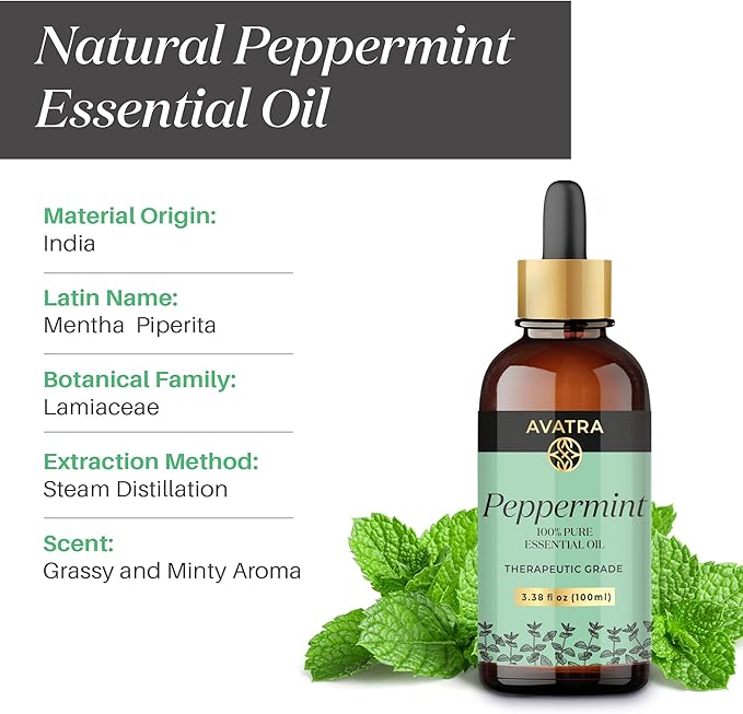 Avatra Peppermint Essential Oil 100ML (3.38 OZ) with Glass Dropper and Travel Bottle, Pure and Natural Therapeutic Grade Peppermint Oil for Diffuser, Aromatherapy, Massage, and DIY Candle Products - Bloomnest