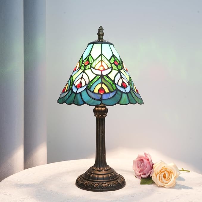 Green Peacock Decor Small Tiffany Style Table Lamp Antique Stained Glass Lamps Vintage Bedroom Bedside Reading Light Living Room Hotel Bar Kitchen Home Red Glass Bead Cute Accent Night Light 8 Inch - Bloomnest