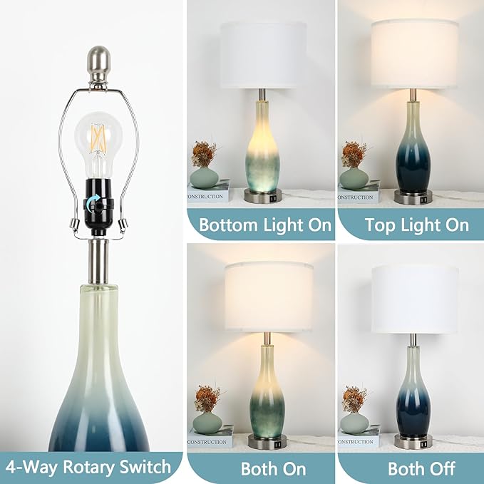 BesLowe 26in Tall Glass Table Lamps Set of 2 with 2 USB Charging Ports & LED Nightlight, Large Coastal Table Lamps for Living Room End Table, Modern Beach Lamps for Bedroom Bedside Nightstand, Blue - Bloomnest
