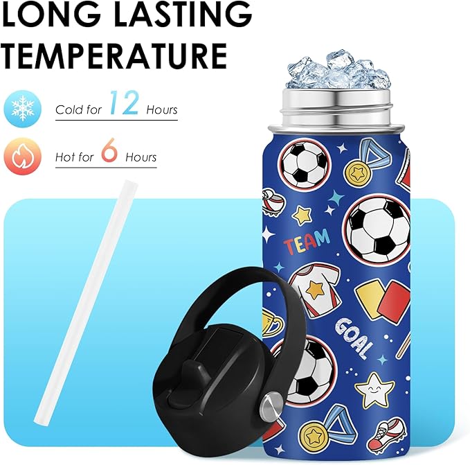 Soccer Gifts for Kids - 16 Oz Kids Water Bottle with Straw Lid, Stainless Steel Insulated Tumbler, Leak Proof, BPA-Free, for Girls, School, Travel - Soccer Lovers Children Birthday Gifts Cups(1pc) - Bloomnest