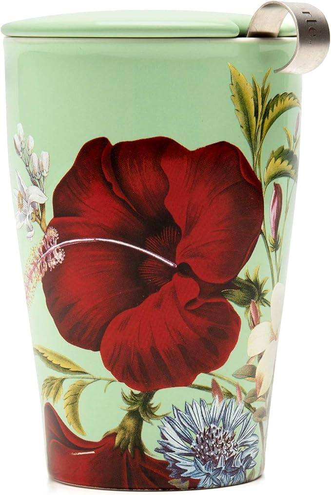 Tea Forte Double-Walled Ceramic Kati Cup, Removable Stainless Steel Infuser Basket and Lid, Steeps 12 oz Loose Leaf Tea, Dishwasher & Microwave Safe, Fleur - Bloomnest