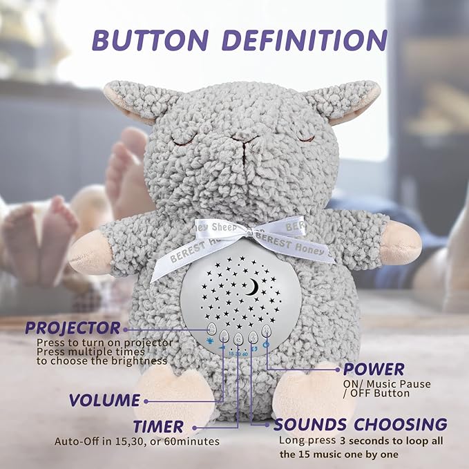 BEREST Baby Sleep Soother with Projector Night Light, Teddy Bear Sheep Musical Plush Toy with White Noise, Heartbeat, Shushing, Lullabies for Newborns, Boys & Girls Infants Shower Gift - Bloomnest