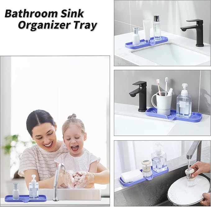 Silicone Bathroom Soap Dishes with Drain Spout-Bathroom and Kitchen Sink Organizer,Sponge Holder,Dish Soap Tray,Perfect for Dispenser,Scrubber,Bottle on Sink or Counter-Light Purple 12"×4" - Bloomnest