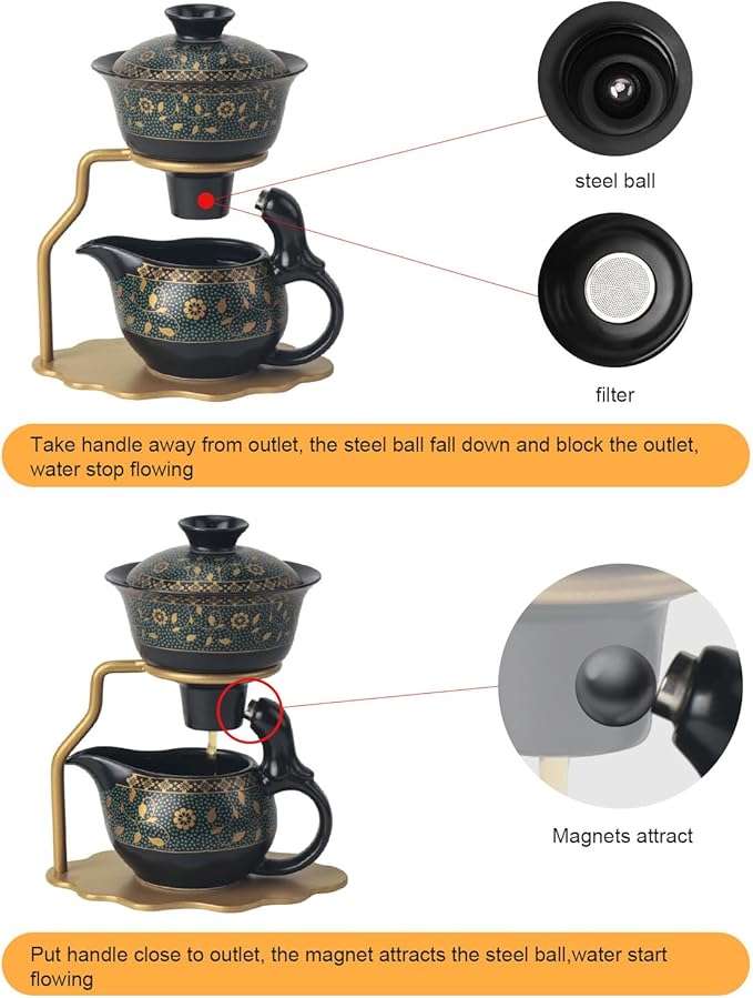 Bsigo Lazy Kungfu Ceramic Tea Set Semi Automatic Drip Rotating with Infuser Ceramic Teapot Set (4 cups), Magnetic Water Diversion Semi-Automatic Teapot Set Chinese Gongfu Porcelain Tea Pot Set - Bloomnest