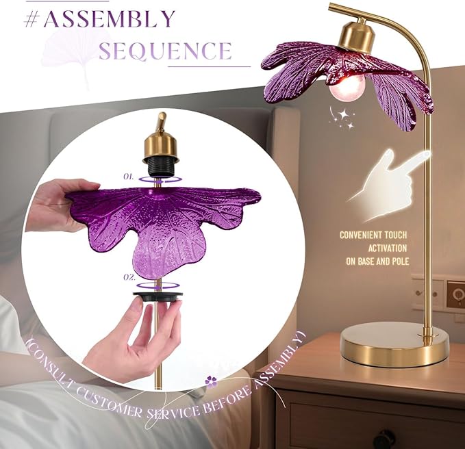 bedside table lamps of 2 touch Table lamp Mid Century Modern lamp Gold Desk lamp nightstand lamp vintage desk lamp small table lamp Purple Glass table light for end table Bedroom Living Room farmhouse - Bloomnest
