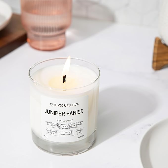 Outdoor Fellow Juniper + Anise Scented Candle, 8oz, Coconut & Apricot Wax Blend, Juniper Berry, Zesty Grapefruit, Citrus Peel, Reusable Glass, 40-50 Hour Burn Time - Bloomnest