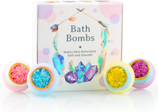 4 Pcs Crystal Sea Salt Bath Bomb Set – Natural Essential Oil Bath Fizzies, Organic Relaxing Bubble Bath, Self-Care Gift Set for Her, Him, Wife, Girlfriend, Perfect Holiday Gift