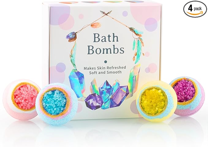 4 Pcs Crystal Sea Salt Bath Bomb Set – Natural Essential Oil Bath Fizzies, Organic Relaxing Bubble Bath, Self-Care Gift Set for Her, Him, Wife, Girlfriend, Perfect Holiday Gift - Bloomnest