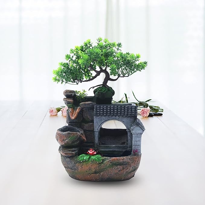 Water Fountains Indoor Tabletop Fountains Rock Fountain with Lights & Plants, Indoor Waterfall Fountain Desk Fountain Desktop Fountain for Indoor Outdoor Office Home