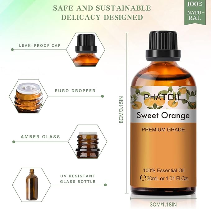 PHATOIL 30ML Sweet Orange Essential Oil, for Aromatherapy Diffusers, Humidifiers, Great for DIY Candle and Soap Making PHATOIL
