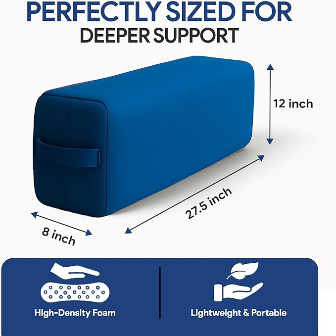 Rectangular Yoga Bolster Pillow for Meditation, Yoga & Back Support – Soft Meditation Cushion with Removable Hand Wash Cotton Cover & Carry Handle (Blue) - Bloomnest