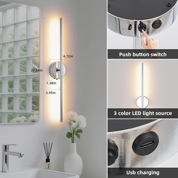 Battery Operated Wall Sconce Set of 2, Chrome 27.5" LED USB Rechargeable dimmable Wall Sconce with Remote Control, Rotate 350° for Living Room, Bedroom, Hallway and scones Lighting - Bloomnest