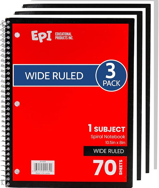 EPI Spiral Notebook | Wide - 70 Sheets, Durable Spiral Binding | 10.5 x 8 in | Classroom Supplies | School, Office, Note Taking, Journaling - 3 Pack - Bloomnest