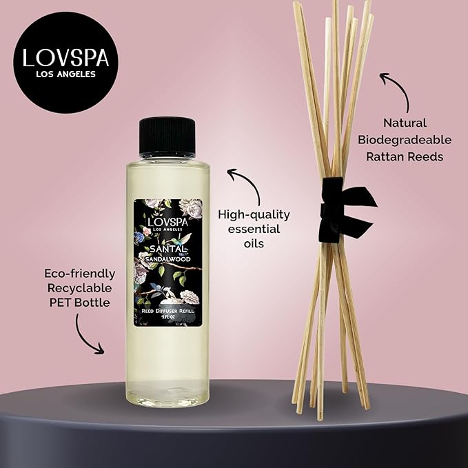 LOVSPA Santal (Sandalwood) Diffuser Oil - Luxury Essential Oils for Diffuser Refill & Air Freshener Room Spray - Long-Lasting & Natural Home Fragrance, Scented Oil for Diffusers, USA Made, 4oz - Bloomnest