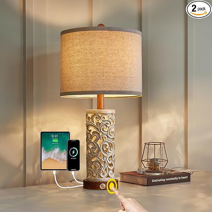 OYEARS 3-Way Dimmable 22'' USB A+C Touch Control Table Lamp with Nightlight for Living Room Bedroom Farmhouse Bedside Nightstand Lamps (Brown Bulb Included - Bloomnest
