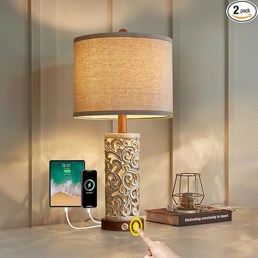 OYEARS 3-Way Dimmable 22'' USB A+C Touch Control Table Lamp with Nightlight for Living Room Bedroom Farmhouse Bedside Nightstand Lamps (Brown Bulb Included - Bloomnest