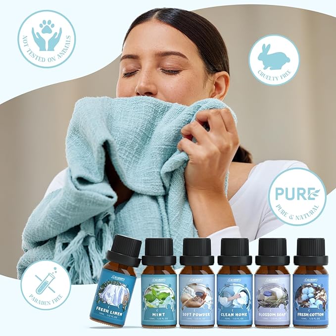 SALUBRITO Clean Fragrance Oils Set, Premium Essential Oils Set for Diffuser, Candle, Soap Making, Fresh Cotton, Clean Home, Fresh Linen, Soft Powder, Blossom Soap, Mint, Strong Scented Oils - Bloomnest