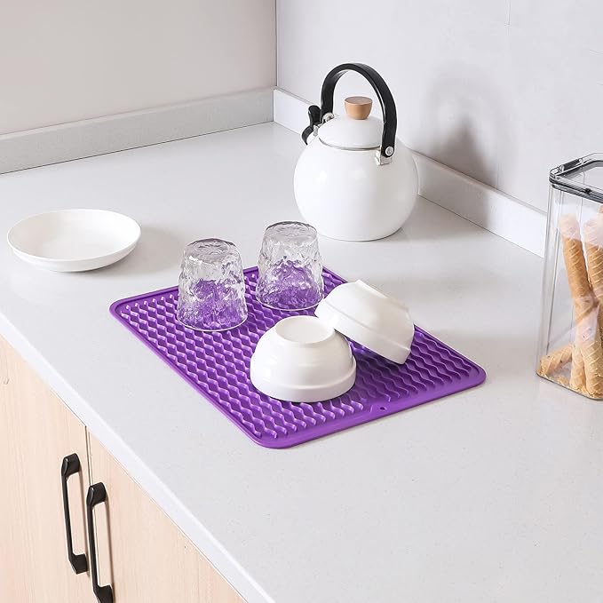 Silicone Dish Drying Mat for Multiple Usage,Easy clean,Eco-friendly,Heat-resistant Silicone Mat for Kitchen Counter or Sink,Refrigerator or drawer liner Purple L 16 inches x 12 inches - Bloomnest