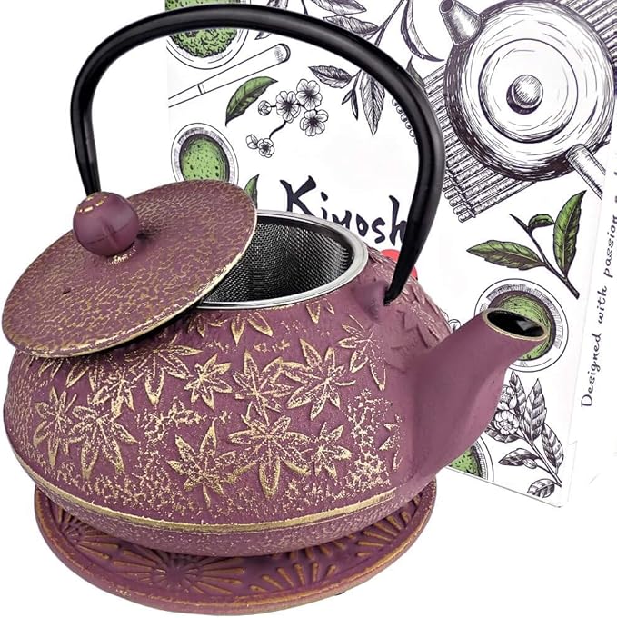 Large Japanese Cast Iron Teapot Capacity 40Oz with Trivet and Loose Leaf Tea Infuser, Cast Iron Tea Kettle Stovetop Safe. Tetsubin Coated with Enamel Interior - Purple Teapot