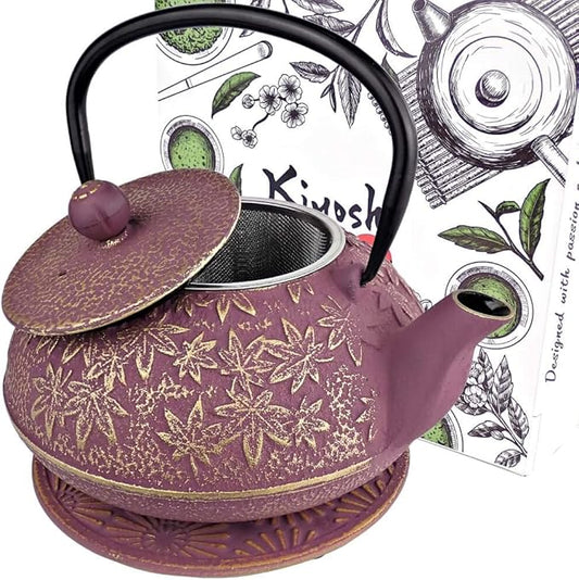 Large Japanese Cast Iron Teapot Capacity 40Oz with Trivet and Loose Leaf Tea Infuser, Cast Iron Tea Kettle Stovetop Safe. Tetsubin Coated with Enamel Interior - Purple Teapot