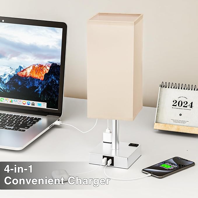 Touch Bedside Table Lamp for Nightstand - 3-Way Dimmable Night Lamp with USB A + Type C Charging Ports and Two AC Outlets, Small Desk Light with E26 LED Bulb for Bedroom Living Room Dorm Office - Bloomnest
