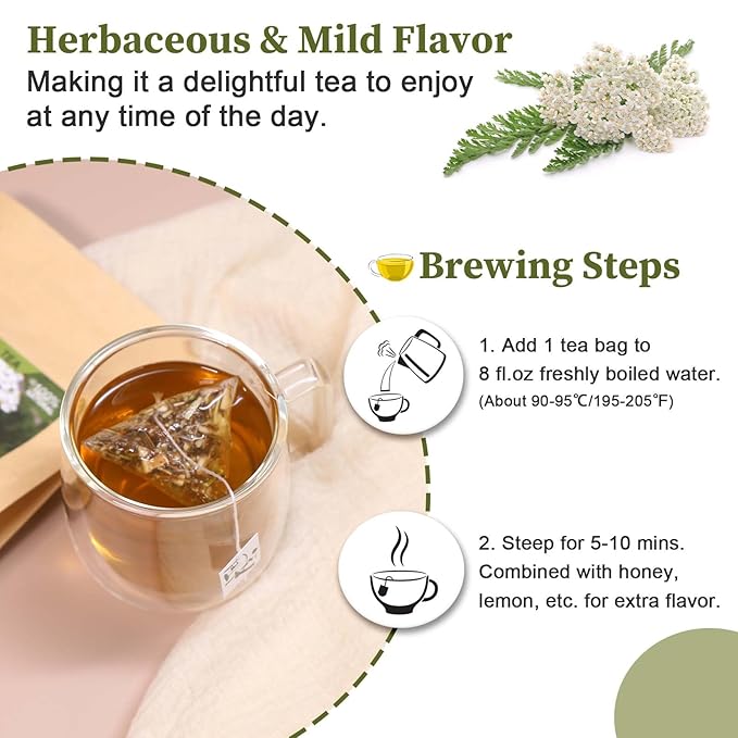FullChea - Yarrow Tea Bags, 50 Count, 2g/bag - Premium Yarrow Herb - Non-GMO - Caffeine-free - Aid Digestion & Boost Immunity - Bloomnest