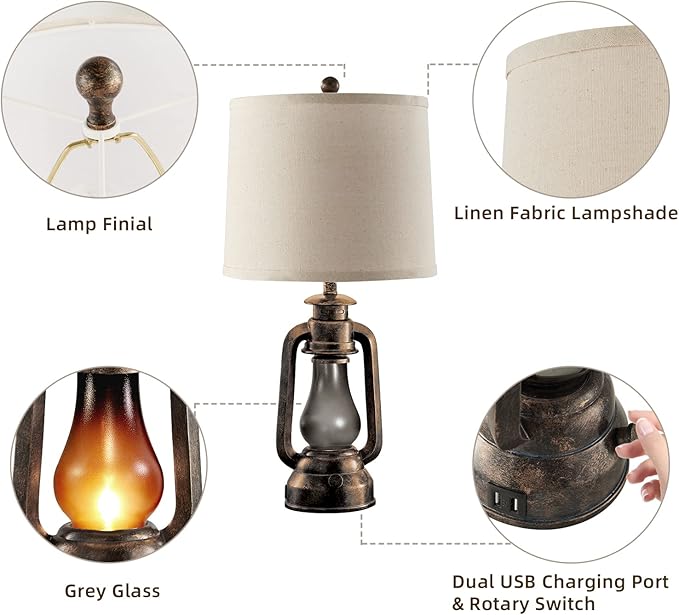 Farmhouse Rustic Table Lamps for Bedroom Set of 2, Vintage Lantern Lamp with Dual USB Charging Ports,25" Retro Antique Bedside Nightstand Desk Lamp for Living Room End Table Entryway, 4 Bulb Included - Bloomnest
