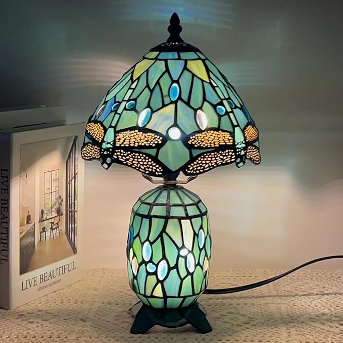Small Tiffany Lamp Stained Glass Table Lamp Mini Mother Daughter Vase Desk Accent Light for Bedroom Bedside Reading Home Antique Style Decor 8X14 Inches (Sea Blue Dragonfly) - Bloomnest