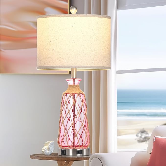 25.5" Coastal Glass Table Lamps Set of 2, 3-Way Dimmable Touch Control Bedside Lamps with 2 USB Ports and AC Outlet, Pink Nautical Nightstand Lamps for Bedroom Living Room (LED Bulbs Included) - Bloomnest