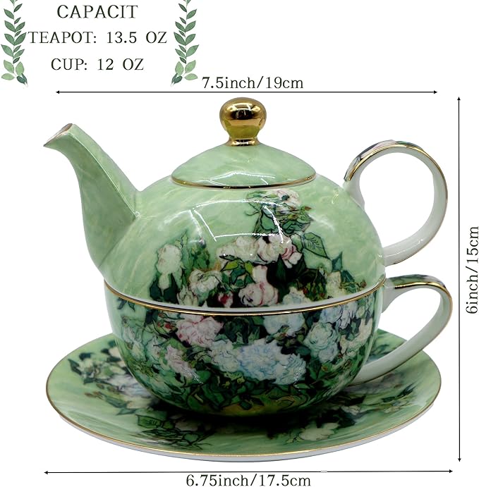 Porcelain 13 OZ Tea for One Teapot and Cup Set Vintage Floral Ceramic Tea Set European Style Tea pot and Saucer Set (White Roses) - Bloomnest