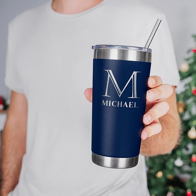 Personalized Tumbler with Engraved Name - 12 Designs, 30 Oz Coffee Tumbler with Slider Lid, Navy Blue, Double Wall Insulated - Custom Gifts for Men & Women - Bloomnest