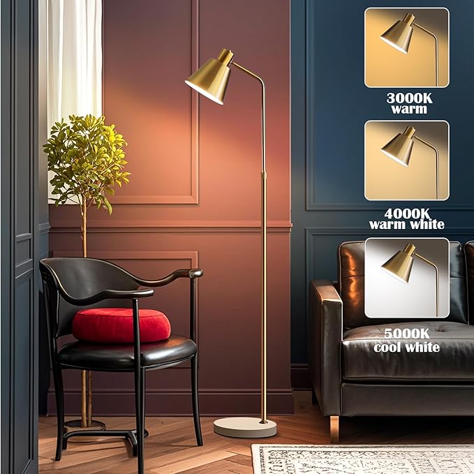 Gold Brass Industrial Floor Lamps with Bright 12W LED Bulb Adjustable 3 Colors, Living Room Sofa Corner Bedroom Bedside Office Study Reading Standing Tall Lights, Unique Modern Home Decor Essentials - Bloomnest