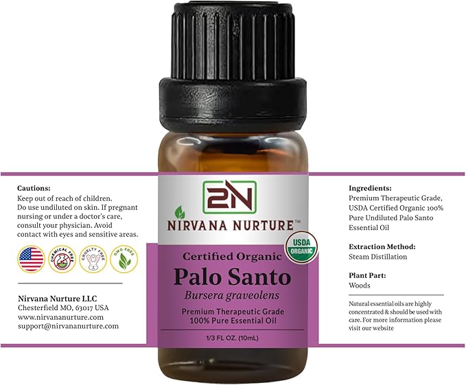 Palo Santo Essential Oil, USDA Certified Organic, 100% Pure Undiluted, Aromatherapy Oil for Diffuser, Hair & Skin Care NirvanaNurture