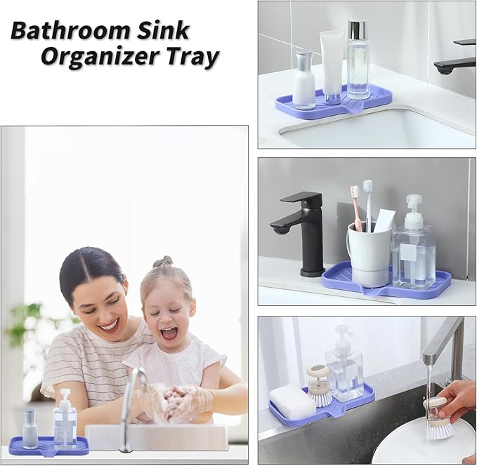 Silicone Bathroom Soap Dishes with Drain Spout-Bathroom and Kitchen Sink Organizer,Sponge Holder,Dish Soap Tray,Perfect for Dispenser,Scrubber,Bottle on Sink or Counter-Light Purple 9.6"×5.3" - Bloomnest
